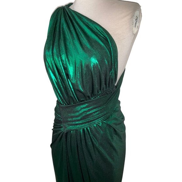 Green Asymmetrical Ruched One Shoulder Gown - Picture 6 of 15
